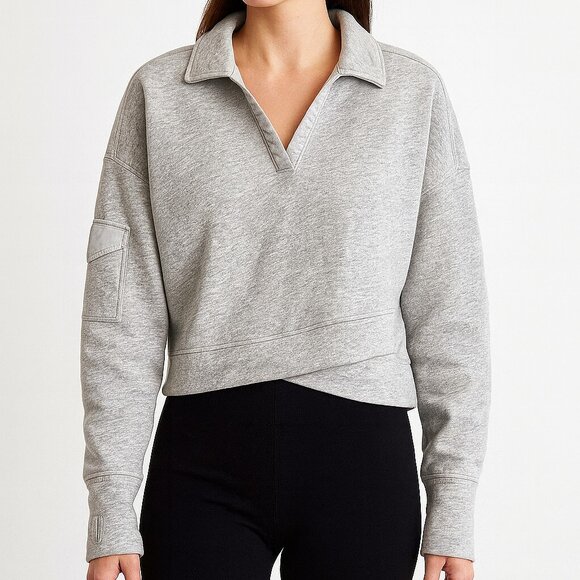 Free People Movement Grey Collared Sweatshirt L Crossover Waist Athleisure Cozy - Picture 1 of 8